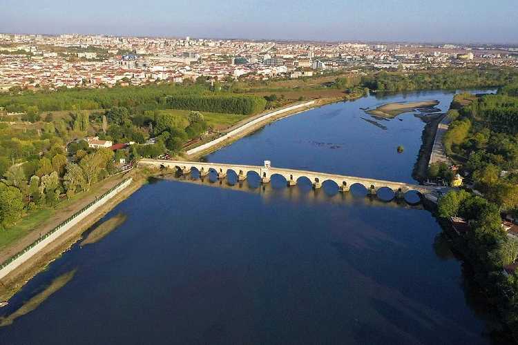 Maritza River aerial view in Edirne, with the city visible in the background to the left