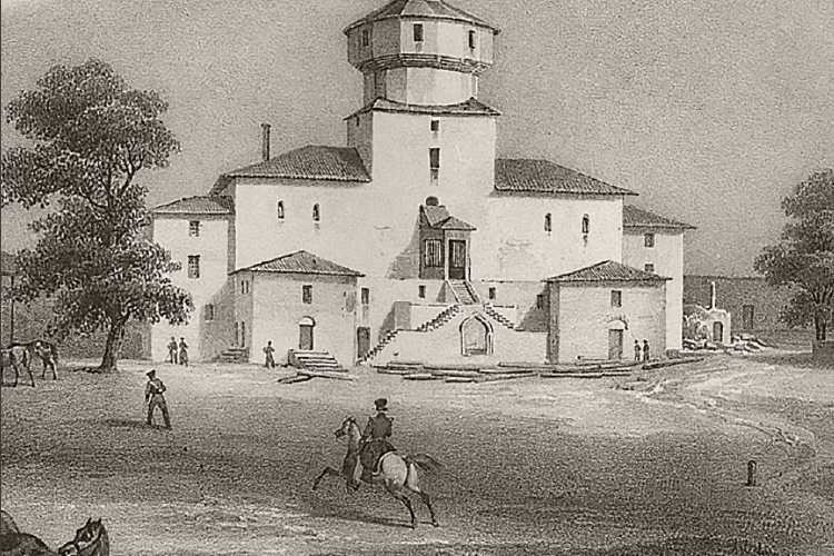 Historic black-and-white drawing of Edirne Palace showing the Ottoman imperial palace complex.