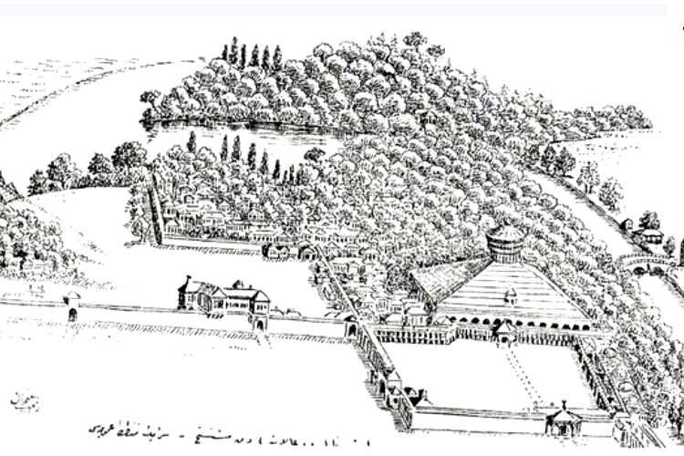 Historic aerial engraving of Edirne Palace from the Zurich archives, depicting the Ottoman imperial palace complex.