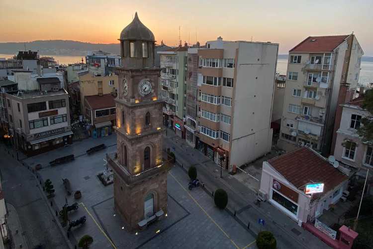 Çanakkale Clock Tower illuminated at evening in the city center of Çanakkale, Turkey