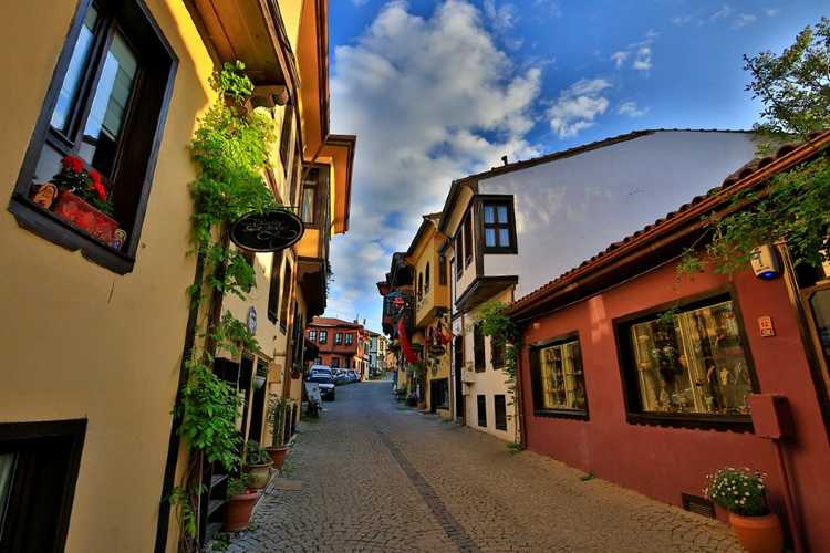 Colorful two-story traditional houses in Odunpazarı, Eskişehir