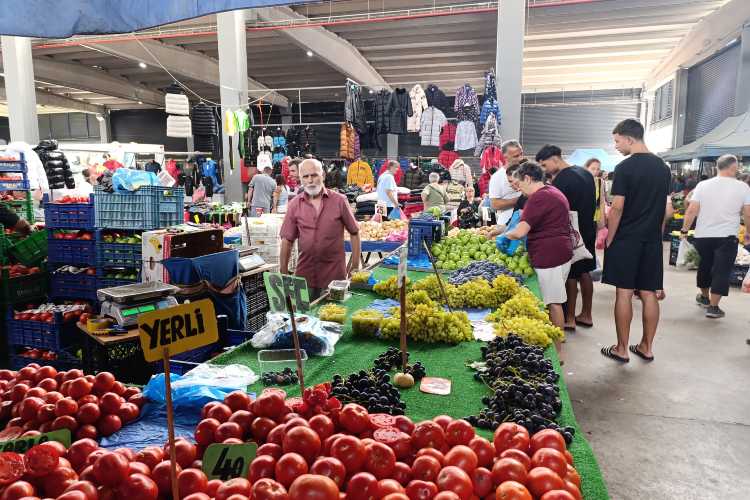 Woman shopping at Edirne’s Saturday Market in front of vegetable and tomato stalls