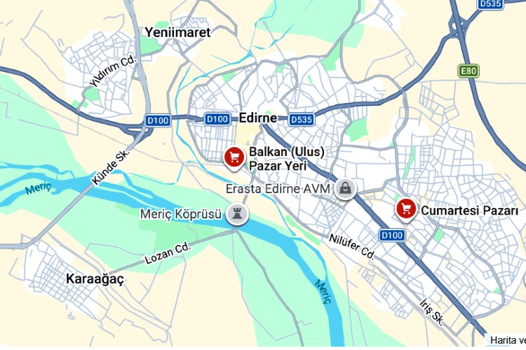 Map showing location of Cumartesi Pazarı and Balkan Market in Edirne