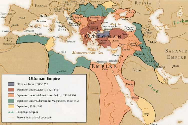 Map showing the territorial expansion of the Ottoman Empire at its peak across Europe, Asia and Africa