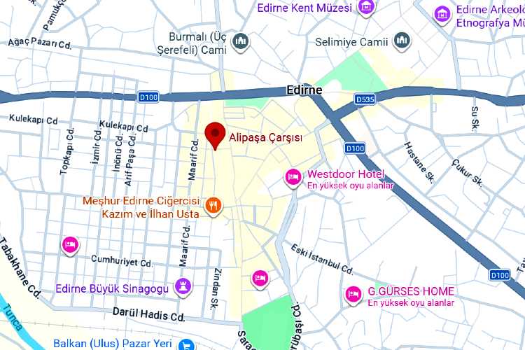 Google Maps screenshot showing the location of a watch repair shop near Saraçlar Street and Ali Paşa Bazaar in central Edirne, Turkey.