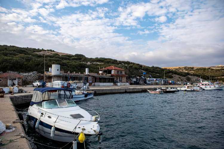 İbrice Port near Mecidiye in Edirne, with small boats on the sea and a calm coastal harbor scene in the Saros Gulf.