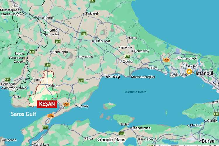 Map view of Keşan highlighting its position as the main gateway between Edirne and the Saros Gulf beaches