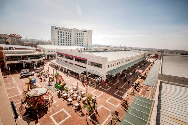 Aerial view of Margi Shopping Center and Margi Hotel complex in Edirne showing the integrated mall, hotel, and surrounding urban area