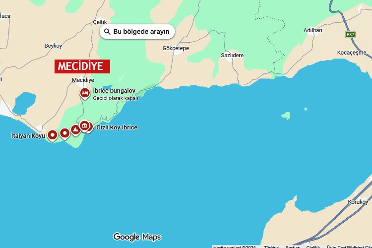 Google Maps view showing Mecidiye village and İbrice Limanı in the Saros Gulf region of Keşan, Edirne, with nearby coastline and road connections.