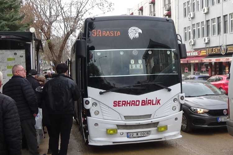 Serhad Birlik municipal bus stopping at a bus stop in Edirne while passengers board