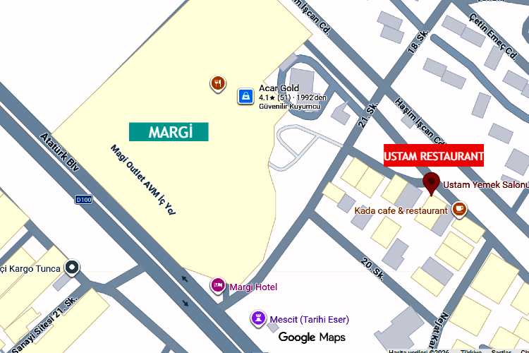 Google Maps view showing Ustam Restaurant near Margi Shopping Center in Edirne