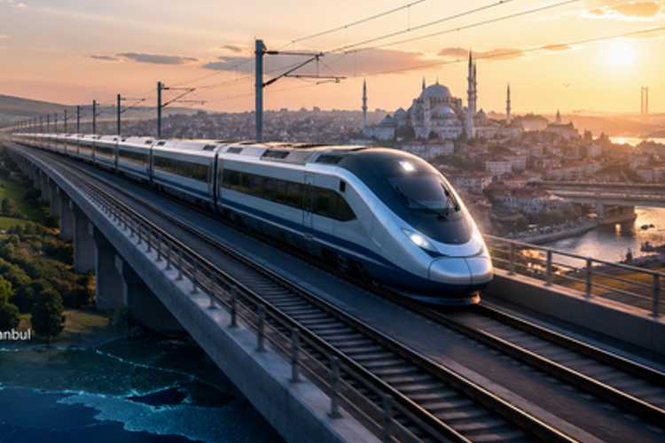 AI-generated illustration of a passenger train traveling through the Thrace countryside on the route from Istanbul to Edirne