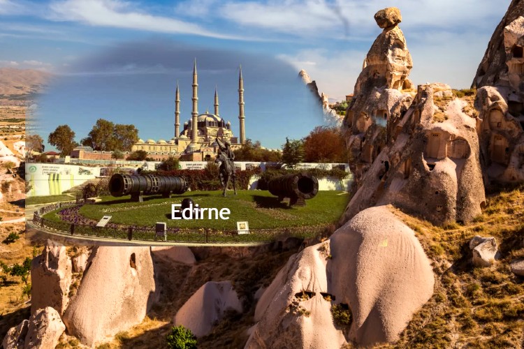 Cappadocia landscape with Edirne Selimiye Mosque representing two distinct chapters of Turkey’s historical journey