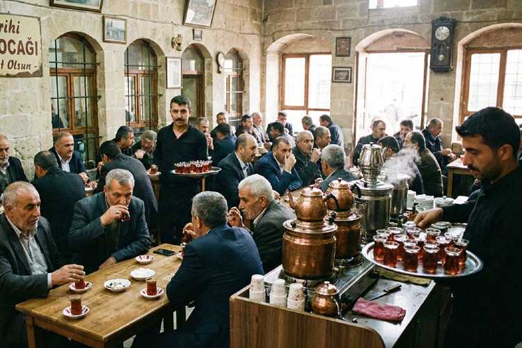Staff serving tea in a kahvehane