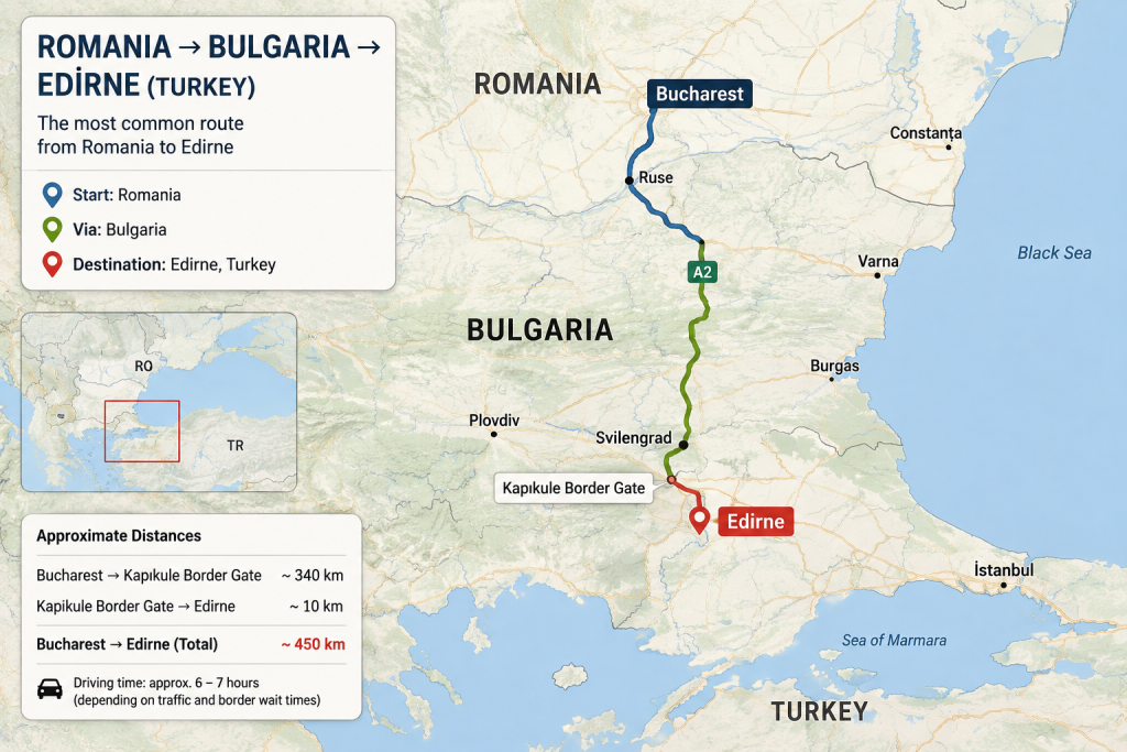 Map showing the driving route from Bucharest (București), Romania, to Edirne, Turkey