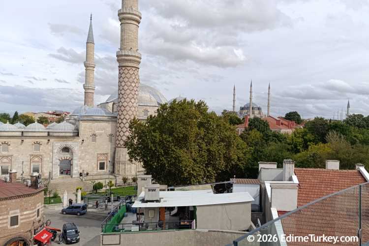 View of Edirne from Makedonya Tower with Üç Şerefeli Mosque and Selimiye Mosque in the background