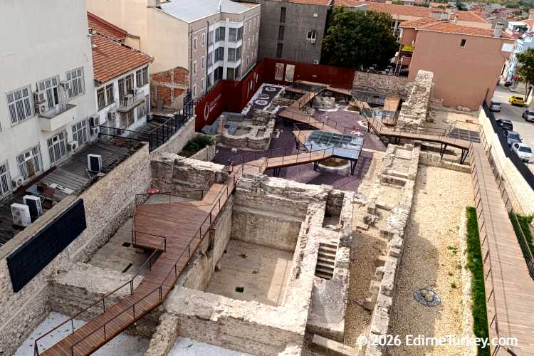 Aerial view of the archaeological excavation around Makedonya Tower in Edirne