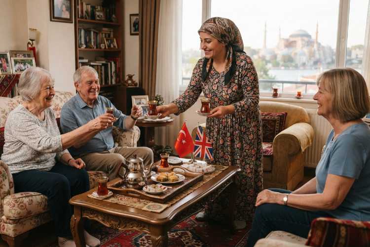 A Turkish woman serving tea to guests in her home.